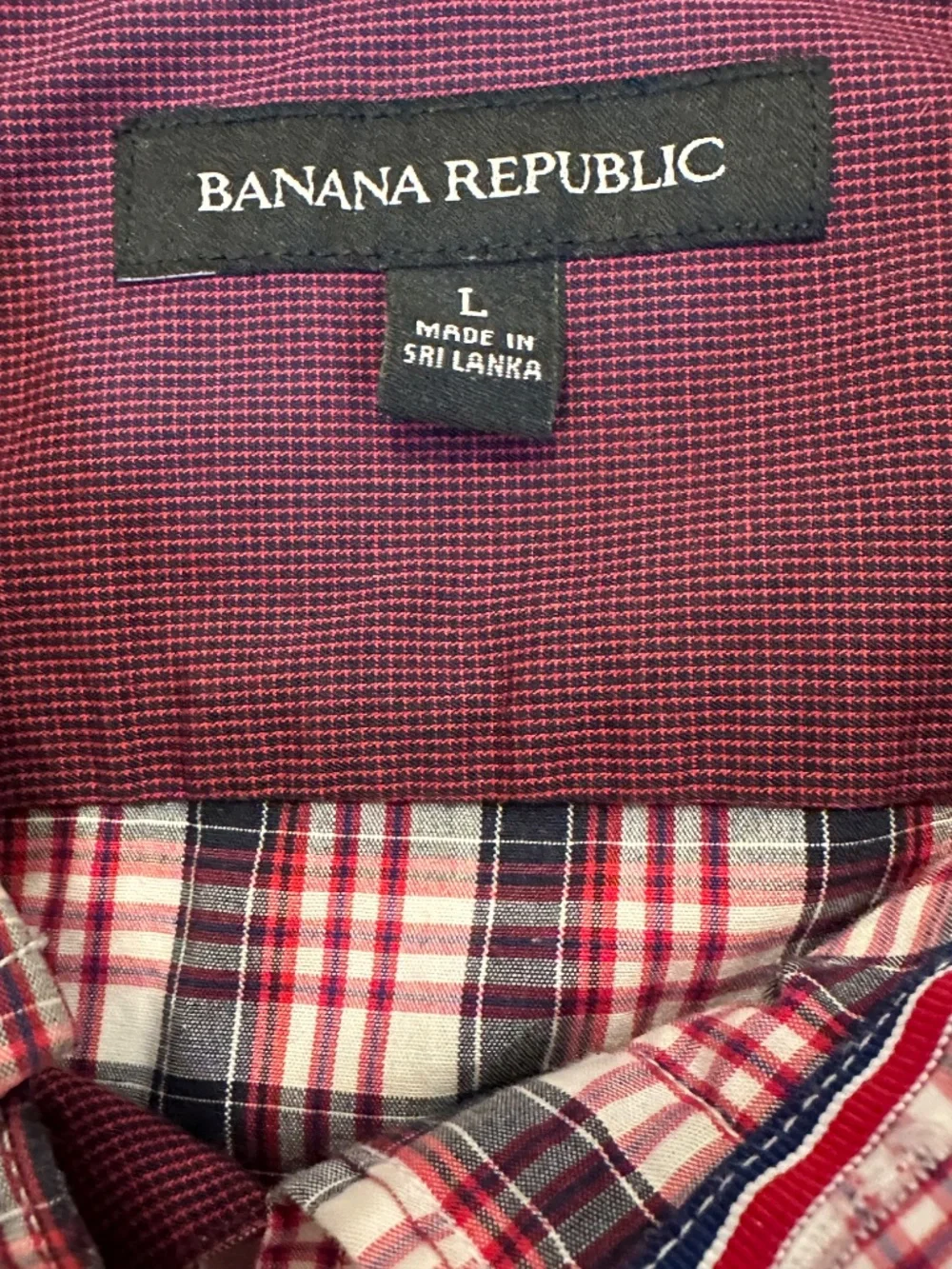 Banana Republic Mens Plaid Button Down Shirt L Red Navy Cotton Stretch